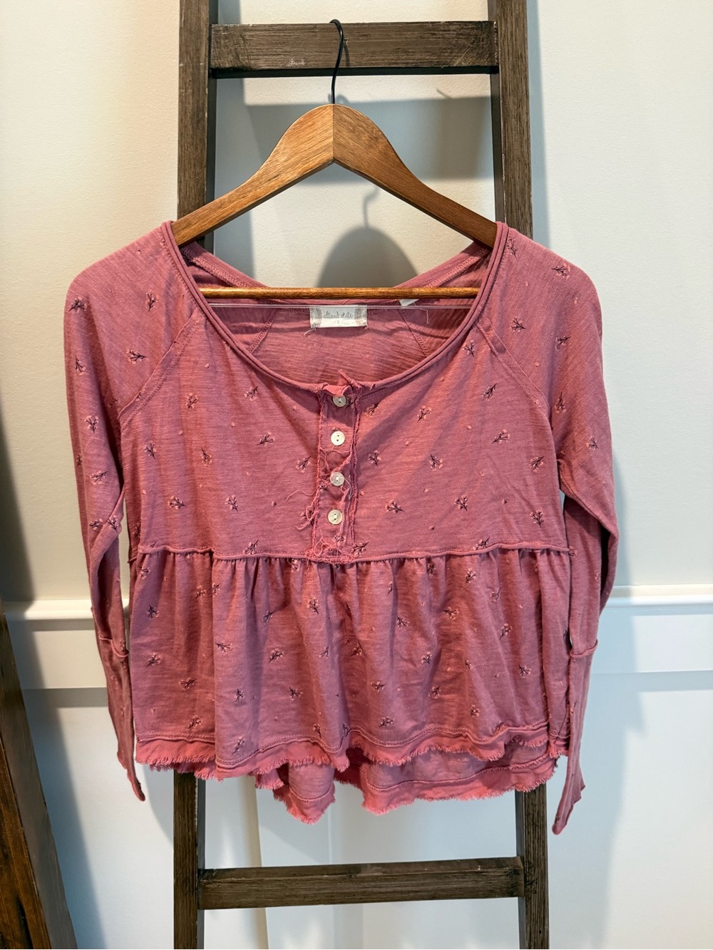 Altar'd State Dusty Rose Button-Front Peplum Long Sleeve Top